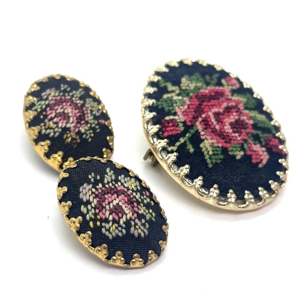 Vintage Needlepoint Petit Point Cross Stitch Rose Brooch / Earring Set W Germany
